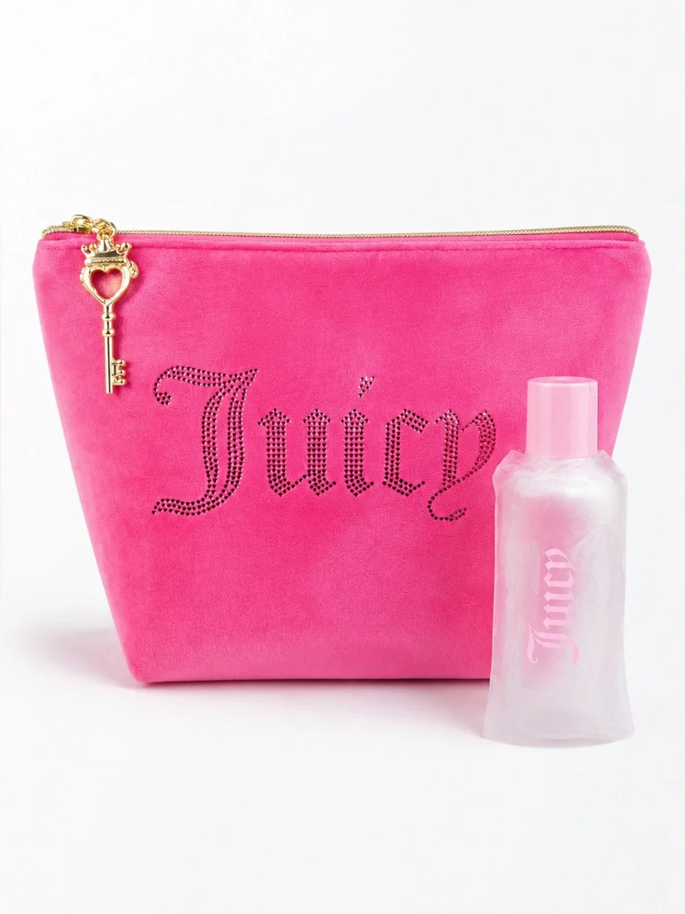 Juicy Couture Hot Pink Velour Rhinestone Makeup Bag + Travel Bottle